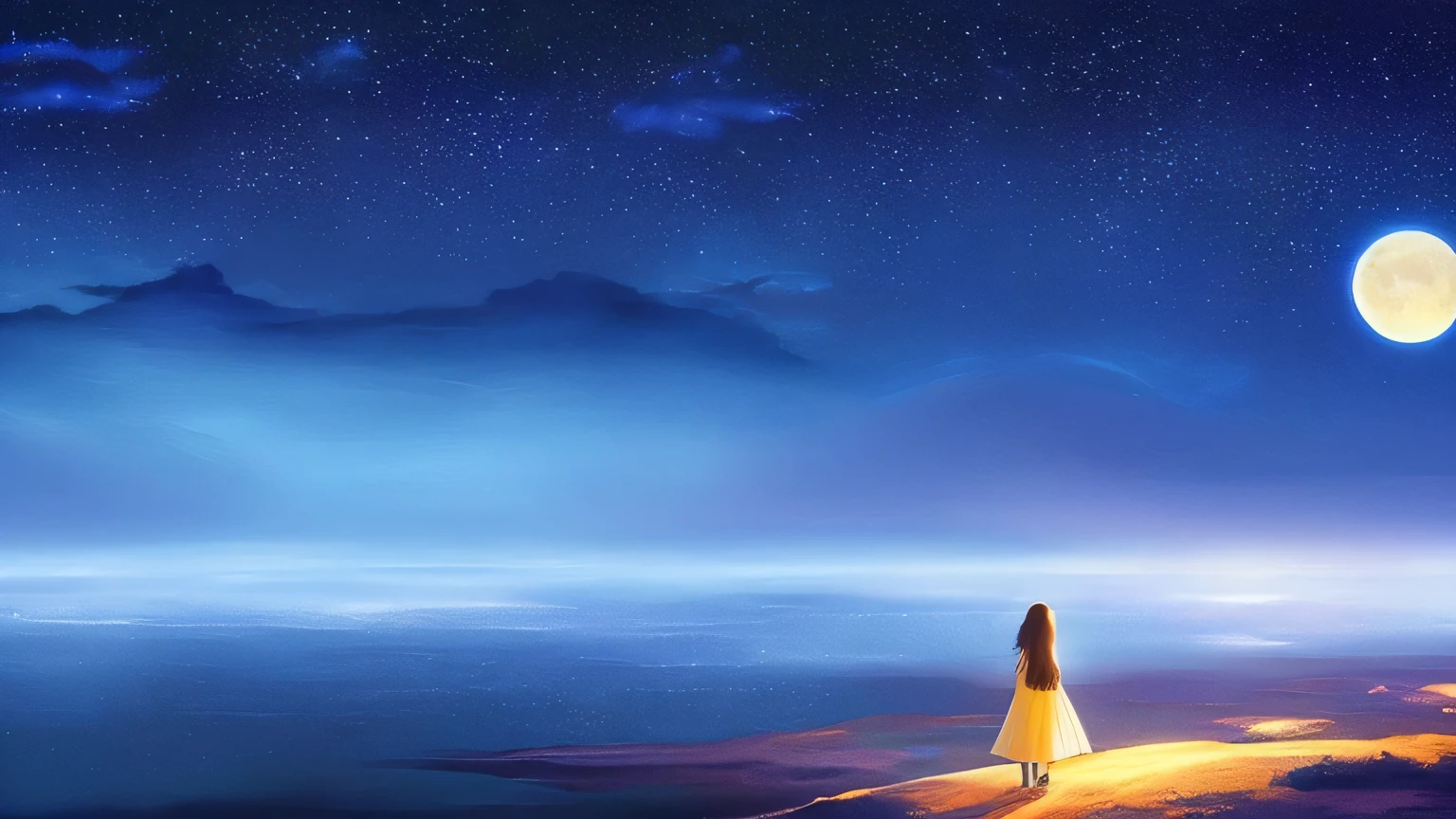 ((Huge pale yellow moon))((A girl who looks up at her profile and is subjectively depicted))、((Crying girl))、Profile Girls、On a multicolored background、River painting with stars and moon in rainbow sky、Shining skyscraperake the whole body shine、Concept art inspired by Tosa Mitsuoki、pixiv Contest Winner、highest quality、Fantasy art、Beautiful anime scene、Bright Moon、Moonlight Star Environment、Dream Painting、Anime Backgroundアート、Fantasy Landscape Painting、Fantasy Knight、Anime Background、Background artwork、Great art、Atmospheric anime、Starry Sky、details enhanced。