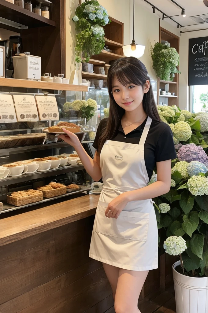 A 20-year-old girl working at a coffee shop decorated with hydrangeas（Wearing a miniskirt and apron）