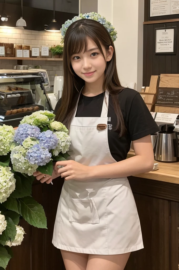A 20-year-old girl working at a coffee shop decorated with hydrangeas（Wearing a miniskirt and apron）