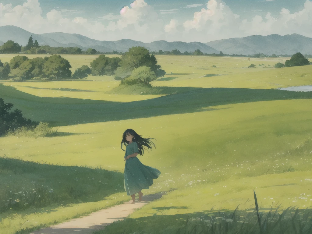 On the grassland that stretches into the distance1A girl is walking.
Barefoot and empty-handed, she just walks.
break, The green grassland continues、The wind sways the grass like ocean waves..The grassland is green and soft.
Watercolor style.