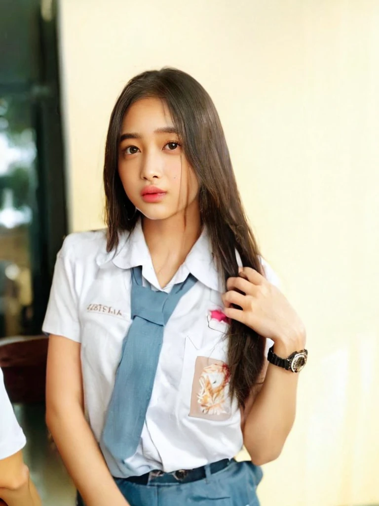4k, high definition, RAW, best quality, indonesian high school girl, 1girl, beautiful detailed eyes, beautiful detailed lips, extremely detailed face and features, longeyebrows, long eyelashes, , looking at camera, standing pose, intricate details, photorealistic, hyper detailed, high resolution, cinematic lighting, vibrant colors, natural lighting, soft shadows, clean aesthetic
