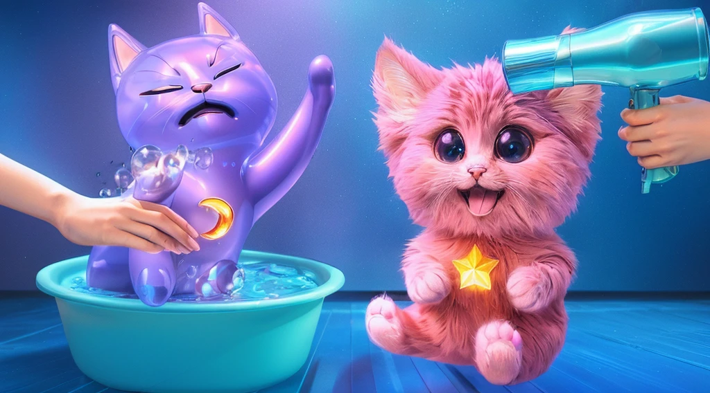 A cat is sitting in a bathtub filled with bubbles, and a fluffy cat is standing next to it, beeple and jeremiah ketner, adorable digital painting, 3 d icon for mobile game, 3 d littlest pet shop cat, cat cat dreamcats, cat from the void, normal map, cute detailed digital art, cats cat dreamcats, cat. digital painting, cute 3 d render, nights. multiple light sources, rim light, sharp post effects render, (glossy plastic texture with multiple big light probe refractions), perfect cgi, cgi art, smooth silhouette, high intensity refraction, (plastic material), most beautiful vfx, blue background, plastic refractions. It in 4k resolution, allowing viewers to immerse themselves in the richness of the colors and intricate details. The realistic rendering. under the spotlight, reflecting, high-resolution image, realistic rendering, dark background, and rim light photorealistic, the backround is black