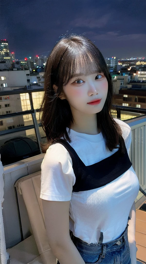 ((Midnight, Highest quality, 8K, masterpiece :1.3)), whole body, Long legs, Sharp focus :1.2, Beautiful woman with perfect figure :1.4, Slim Abs :1.1, ((Dark brown hair, Big Breasts :1.2)), (White tight T-shirt, Jean Bib, Are standing:1.2), ((Night city view, rooftop:1.3)), Highly detailed face and skin texture, Fine grain, double eyelid