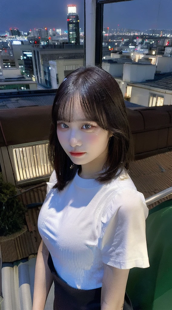 ((Midnight, Highest quality, 8K, masterpiece :1.3)), whole body, Long legs, Sharp focus :1.2, Beautiful woman with perfect figure :1.4, Slim Abs :1.1, ((Dark brown hair, Big Breasts :1.2)), (White tight T-shirt, Jean Bib, Are standing:1.2), ((Night city view, rooftop:1.3)), Highly detailed face and skin texture, Fine grain, double eyelid