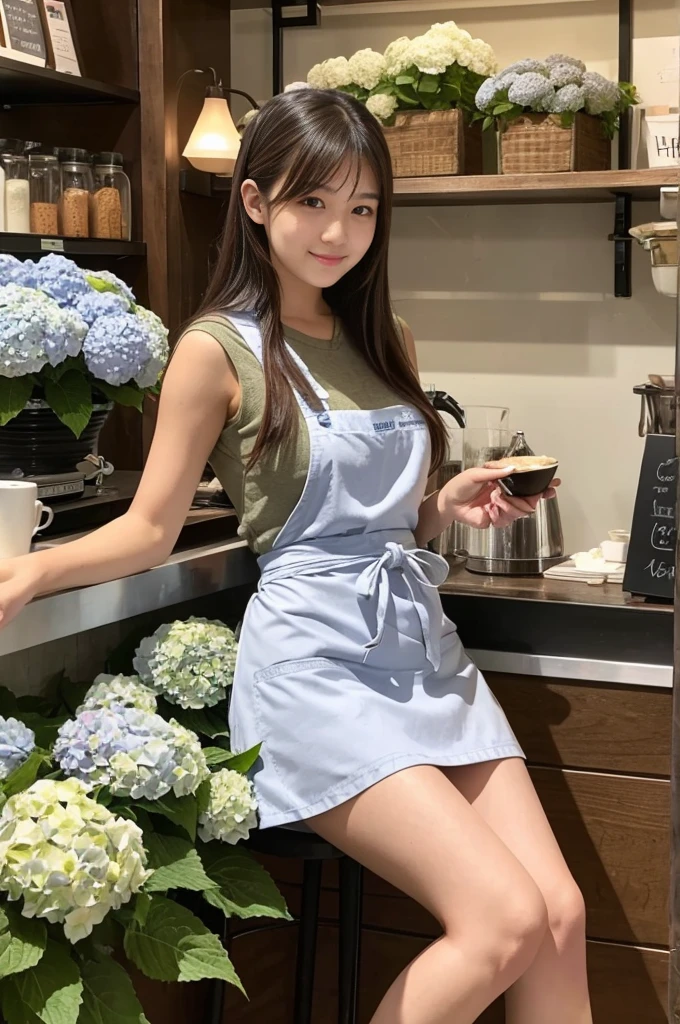A 20-year-old girl working at a coffee shop decorated with hydrangeas(Wearing a miniskirt and apron)