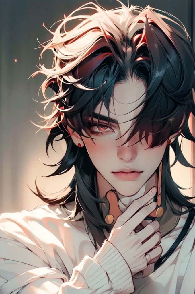 masterpiece, best quality, 1boy, male focus, blade \(honkai: star rail\), red eyes, bangs, hair bangs covered one eyes, (white sweater:1.2), upper body, portrait, looking at viewer, indoors, bedroom, 