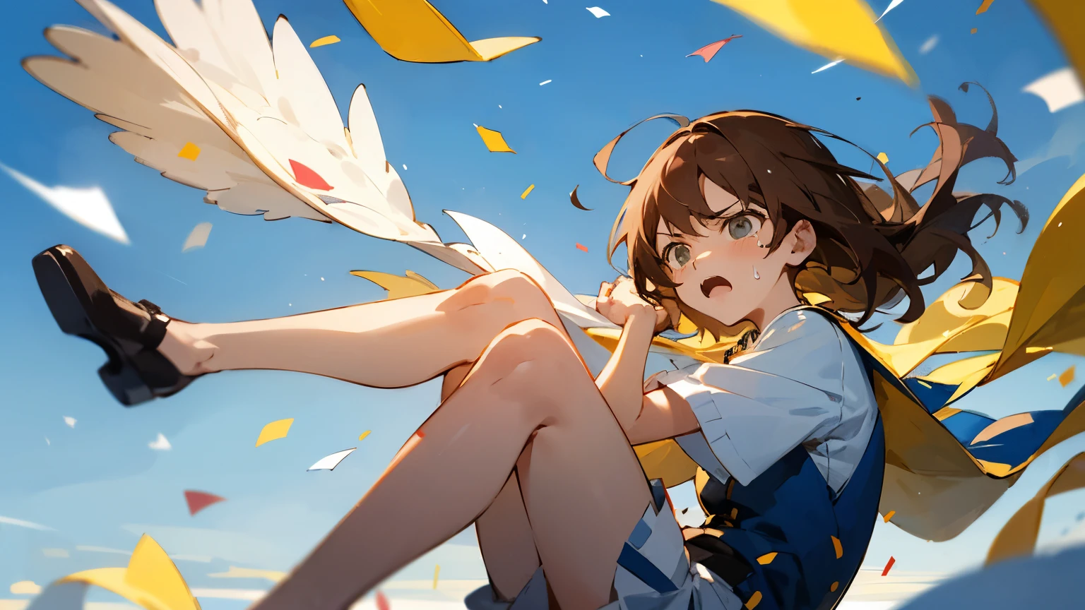 Floatingする女の子,Angry expression，floating，Floating,colorful，Confetti falling，Brown Hair,tears,Feet in the air,Blue sky background,gravity,Swoop