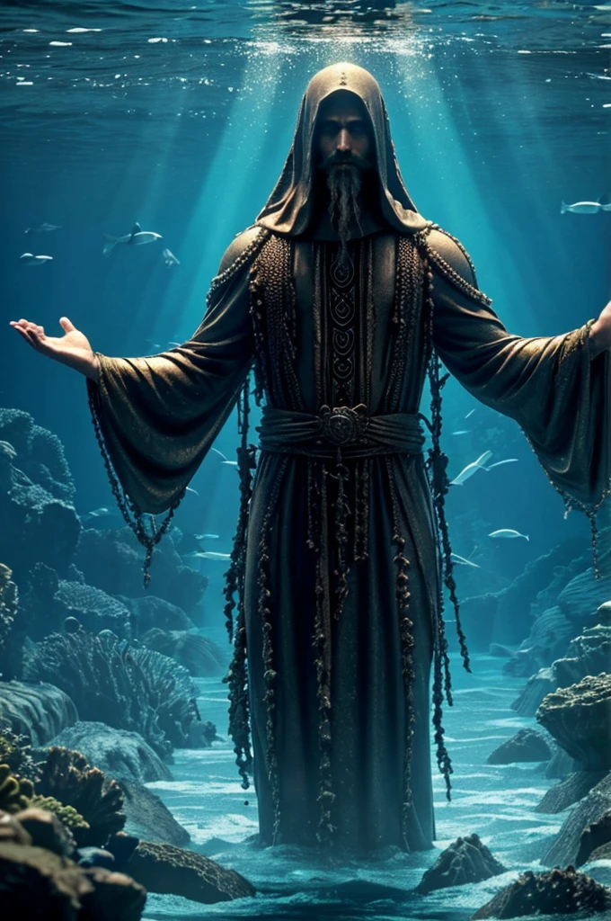 Lier, who is known as disciple of the drowned, is the leader of a cult who worship a god beneath the seas. He preaches that the surface world is plagued by monsters, which is evidence that it must be swept clean by the ocean god. Show a depiction of him performing a ritual to bring the seas up and wash the world clean.