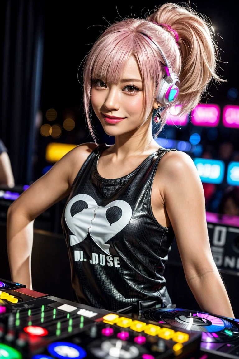 Highest quality, Tabletop, Ultra-high resolution, (Realistic:1.4), (Japanese Idols),RAW Photos, One Girl, night,Detailed skin,nightclub,Disco,(blonde:1.2), (Pink inner hair:1.3),Glossy Lips,smile,21 years old,Beautiful and beautiful eyes,eye shadow,Diamond jewellery,Earrings,Gold Jewelry,(T-Shirts:1.3),,(Shoulder strengthening:1.2),A well-trained body,(Pixie Cut),Round face,(Play music as a DJ:1.5)