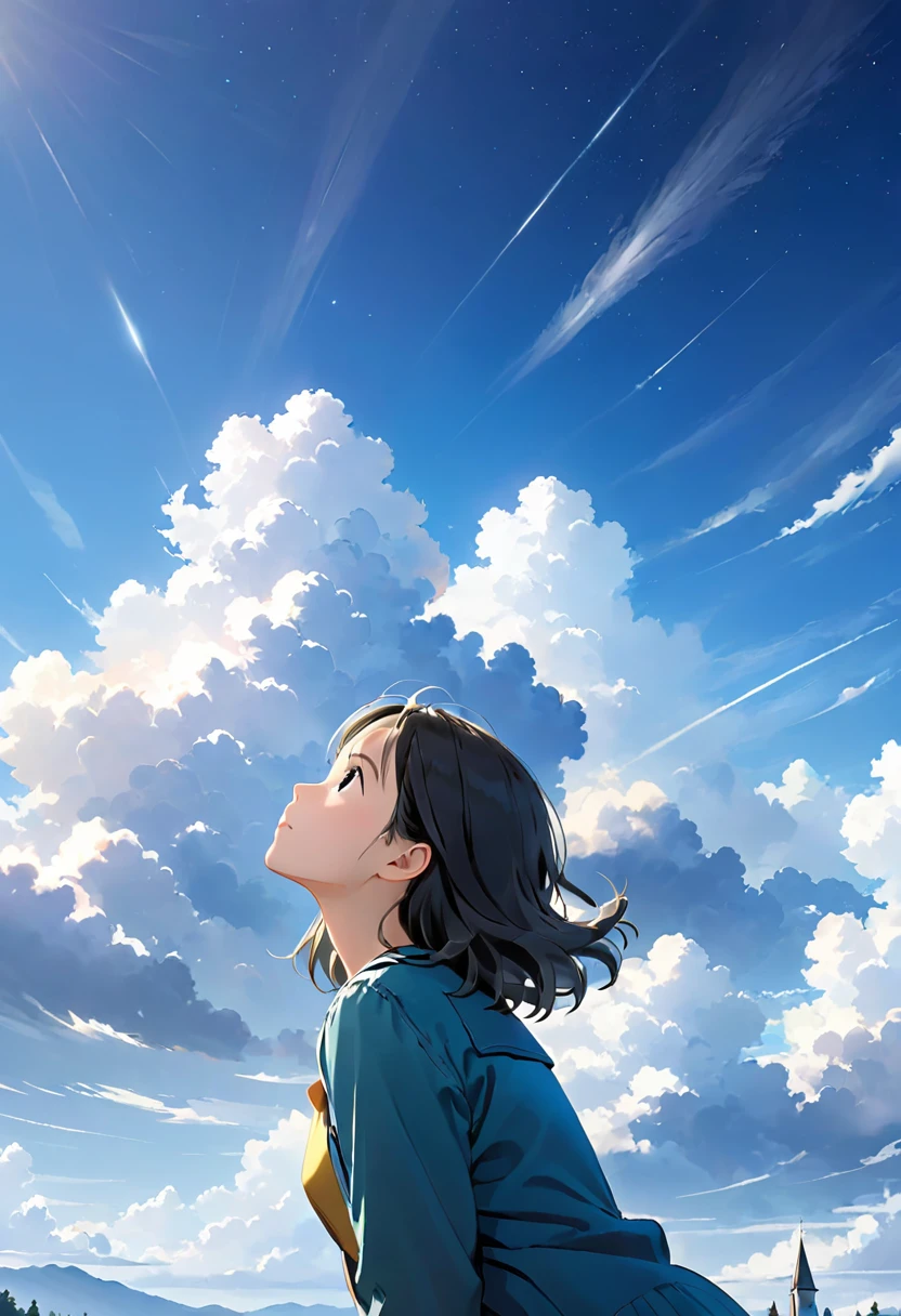 A girl looking at the sky, top quality,