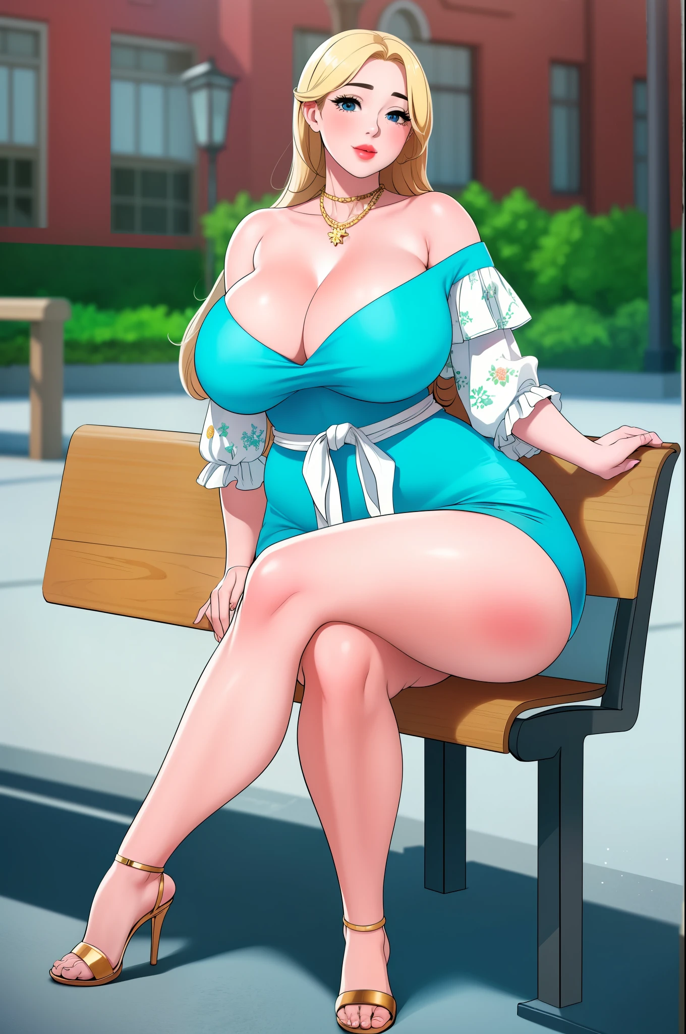 An extremely beautiful stunning voluptuous woman, with gold blonde long silky hair, big blue oceanic eyes, extremely super bright snow white fair stunning flawless glowing lush shiny white complexion and flawless skin, a perfect tight hourglass figure, and skinny waist, sexy thick smooth luscious legs and thighs, wearing a short sexy tight revealing white floral full-sleeve dress along with a blue sash on the waist, a brown off-shoulder sweater, yellow heels, gold necklace on the neck, gold anklets on feet, gold chain on the waist, sitting legs crossed on a park bench, extremely cute smile on the face, bright pink blushes on cheeks, kids park in background, show full body from head to feet.