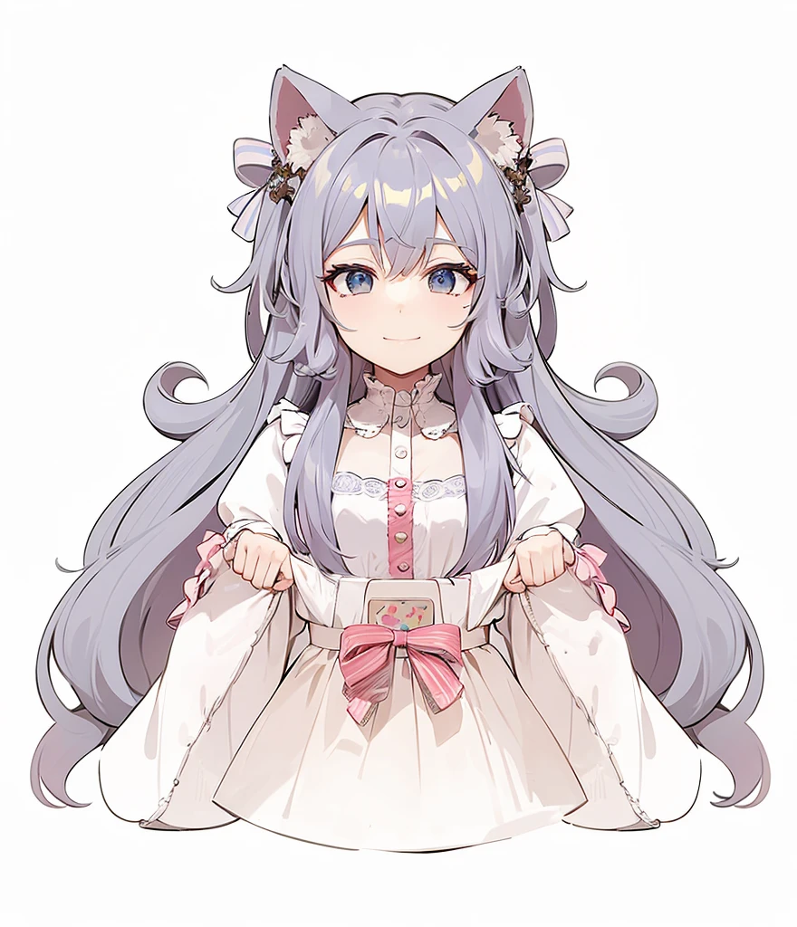 make her pose holding a cellphone and playing a game, her expression is happy. The background is a blue painted room