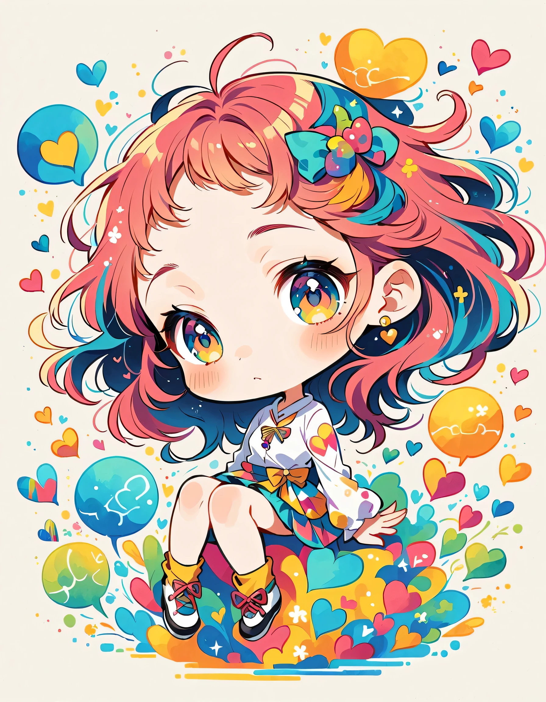Mika Pikazo style, Simple Line Initialism,Abstract art,Urban Background, colorful hearts ,(((The most beautiful girl of all time))), (((chibi))), Cute amoeba