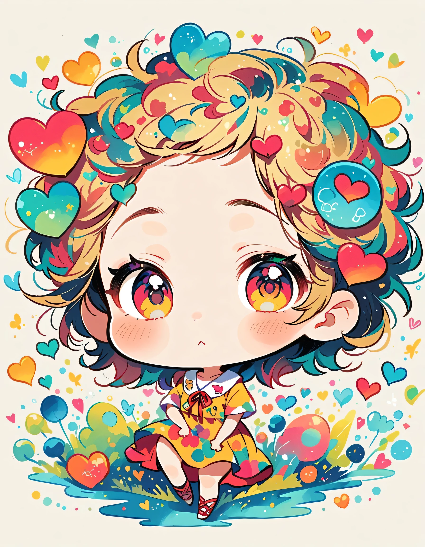 Mika Pikazo style, Simple Line Initialism,Abstract art,Urban Background, colorful hearts ,(((The most beautiful girl of all time))), (((chibi))), Cute amoeba