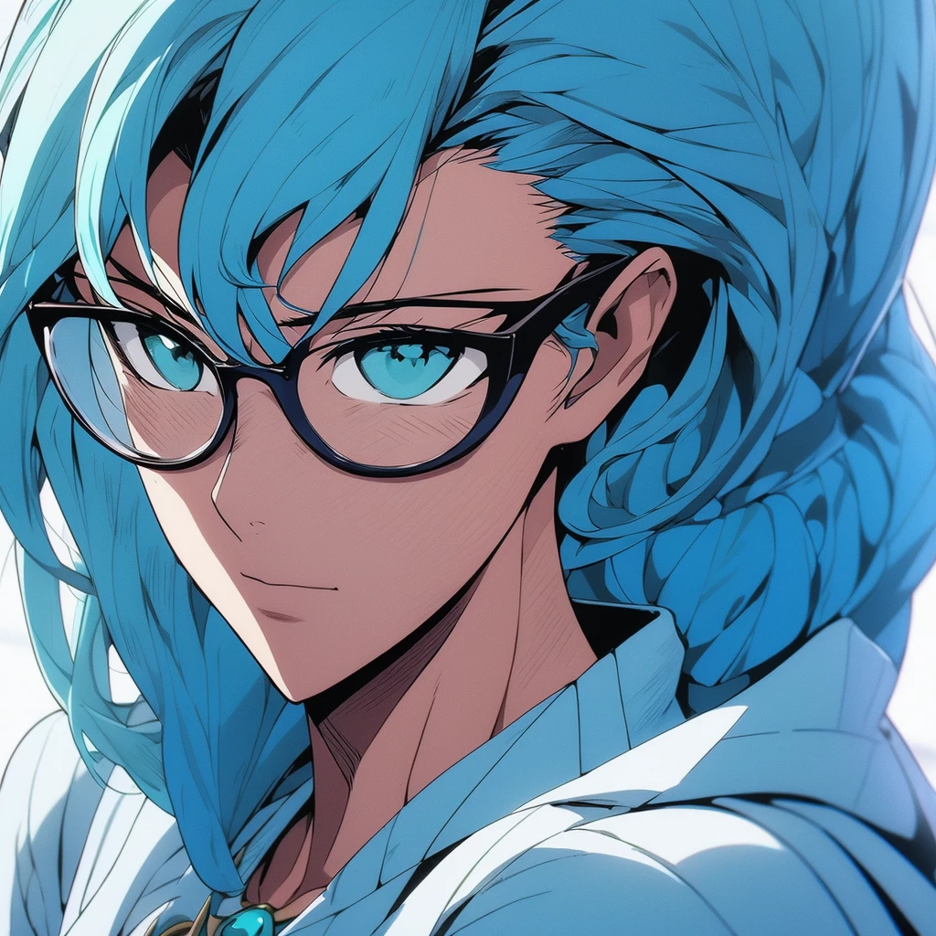 a woman with blue hair and glasses in a blue and white outfit, neferpitou, giorno giovanna, high quality colored sketch, anime girl with teal hair, full color manga visual style, best anime character design, blue scales covering her chest, female anime character, portrait of a female anime hero, short blue haired woman, colored manga panel, white haired deity