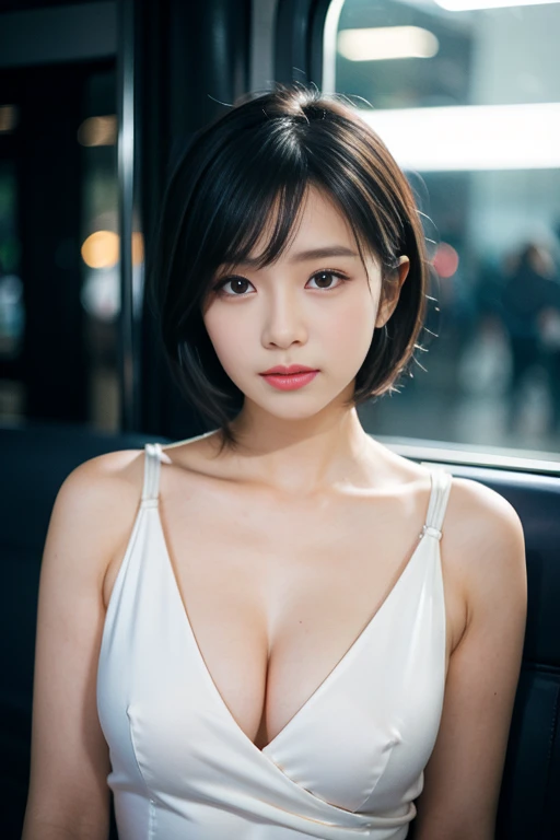 Realistic photo of 1 gorgeous Asian model, short hair, White skin, thin makeup, ample round bosom, wearing white silk dress, on the train, upper body portrait, cinematic lighting, UHD, night bokeh background