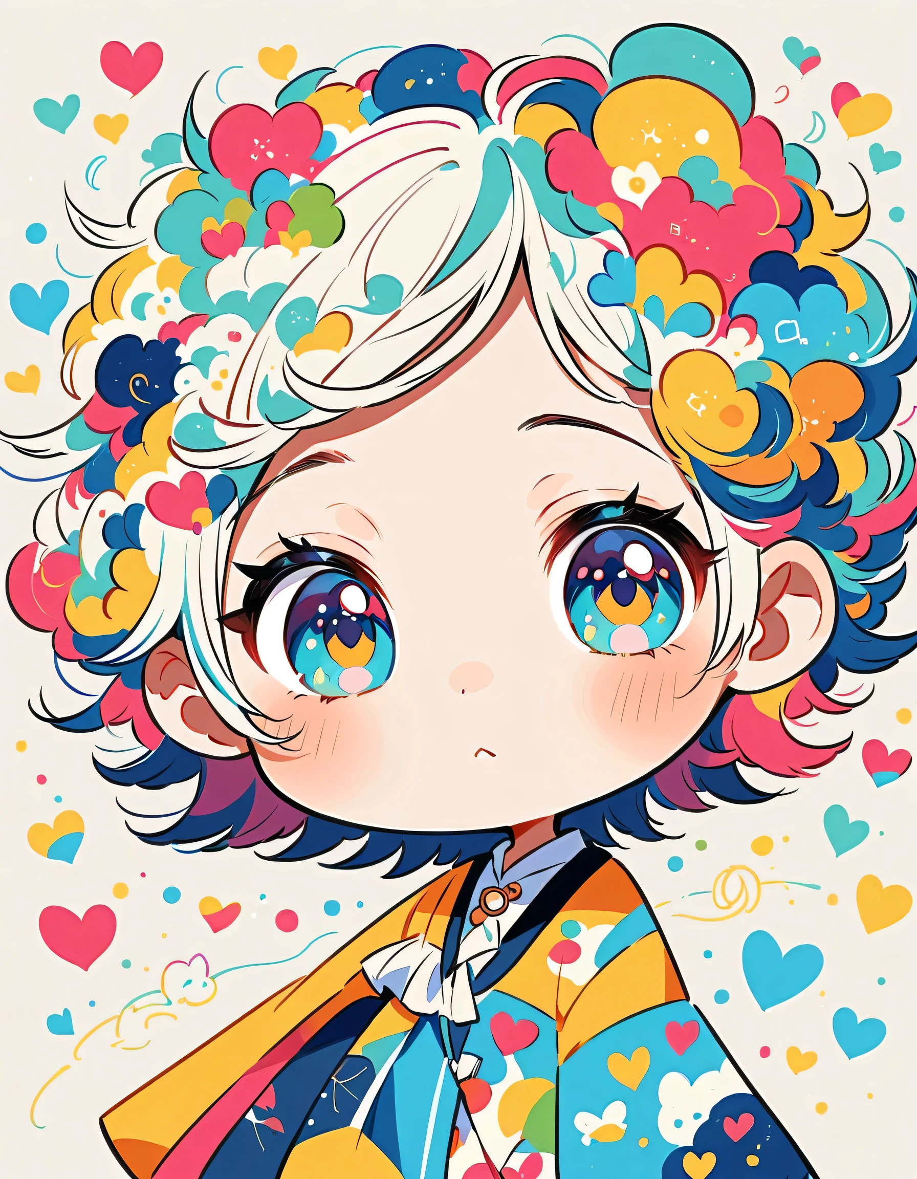 Mika Pikazo style, Simple Line Initialism,Abstract art,Urban Background, colorful hearts ,(((The most beautiful girl of all time))), (((chibi))), Cute amoeba