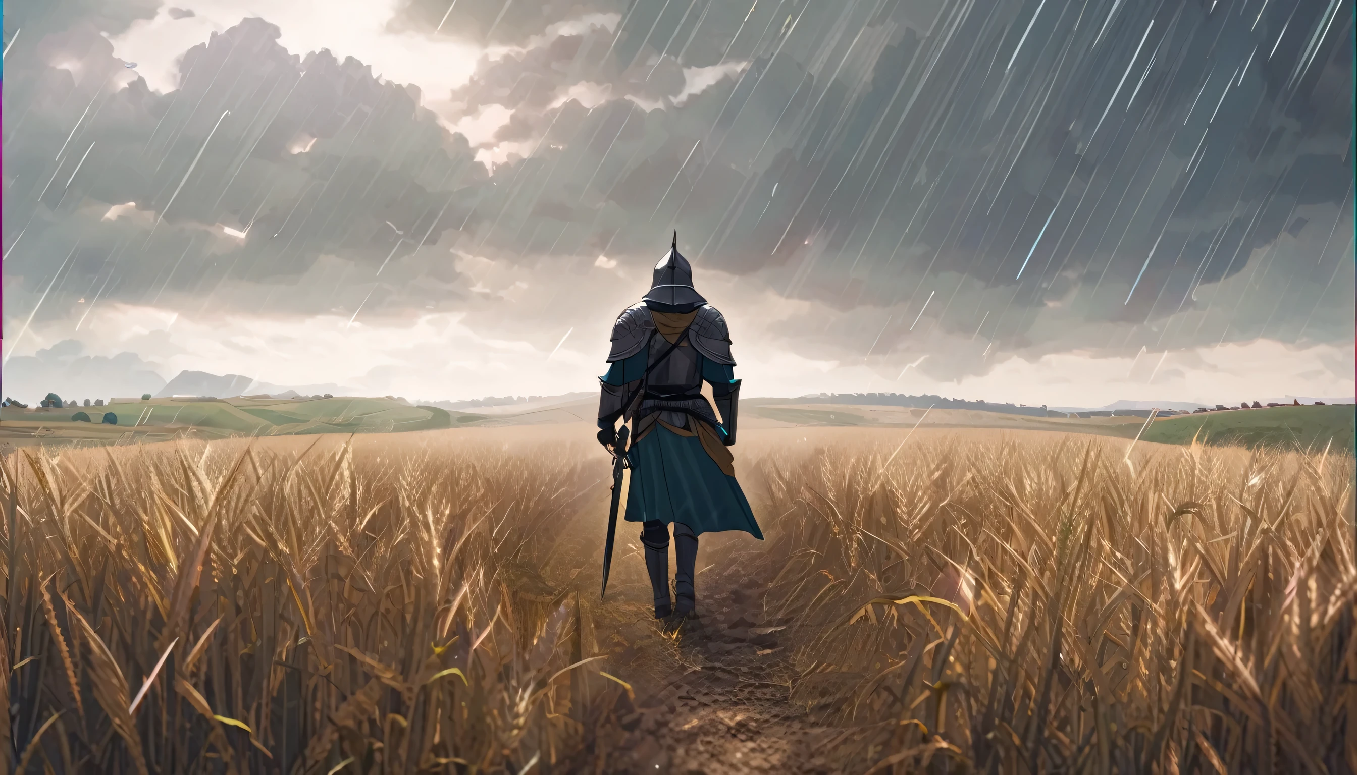Ancient male knight walking home through a wheat field on a rainy day