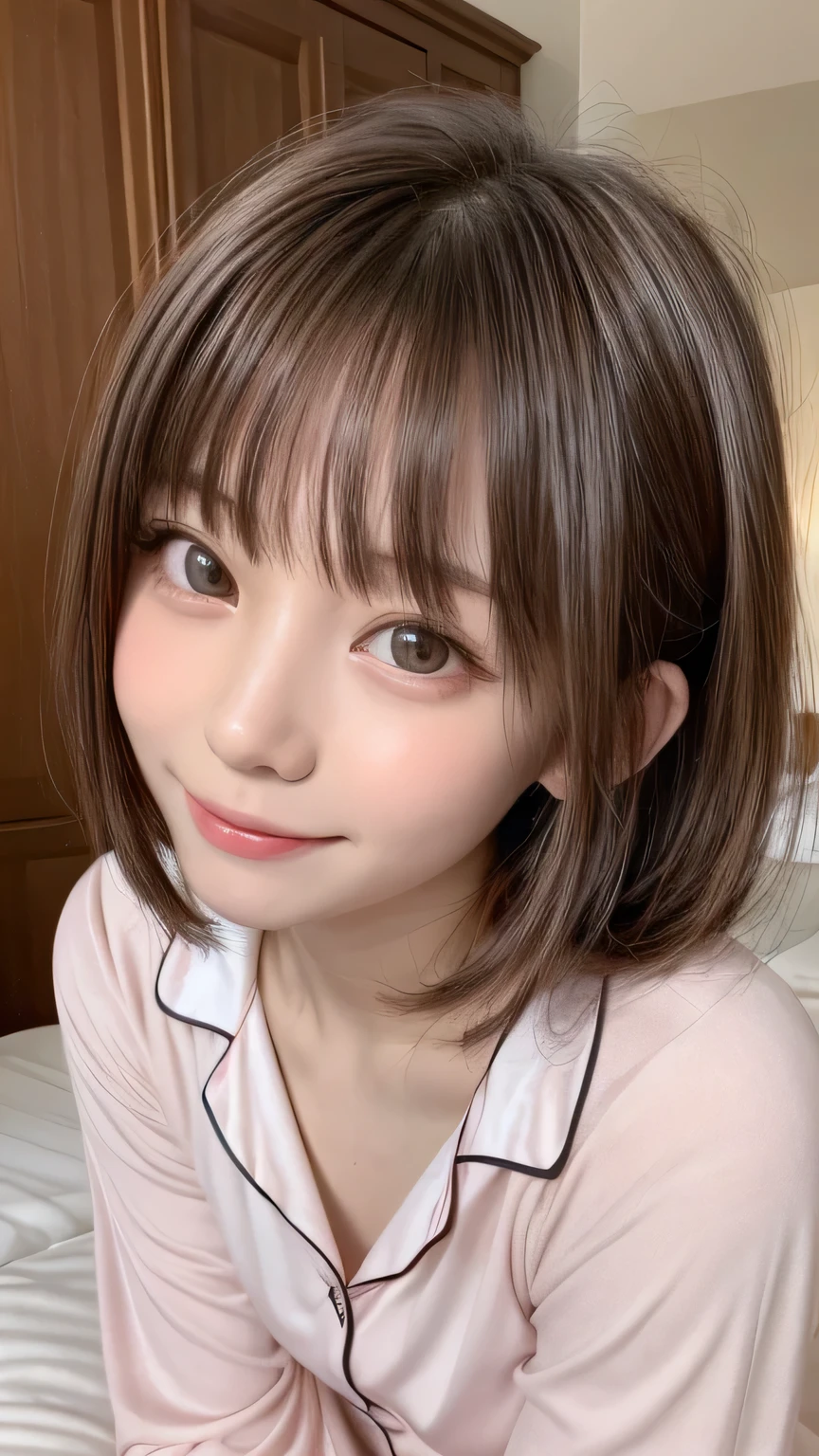 closeup shot , Best picture quality (8K, high resolution, Masterpiece: 1.2), super detailed, 215 Short Hair, 16-year-old woman,
situation: A sleeping outfit on a mimic-shaped bed: Pajamas or nightgowns。
angle: With dim bedroom lighting in the background、A wide angle shot of a cat trying to sleep。
Close-up of face
, random cute pose ,big eyes ,Puffy eyes , Heart Pupil, blush , huge shy smile , salute