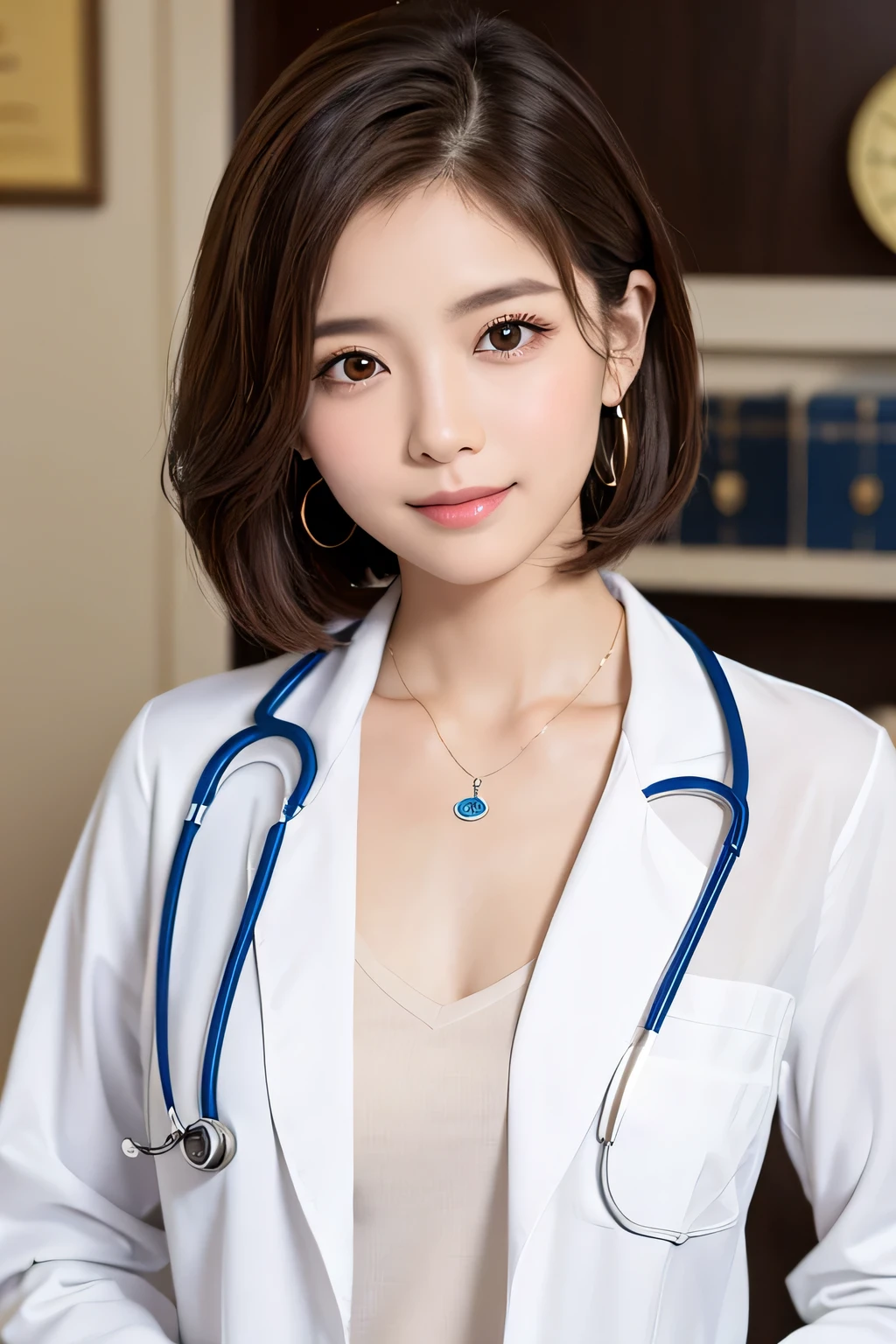 Beautiful young woman、 Korean women、Light brown hair、Necklace around the neck、White、Doctor's clothing、Stethoscope、Wavy Hair、short hair、Intricate details, Very detailed:1.2), 、 Looking into the camera,The background is the inspection room..、ear piercing
