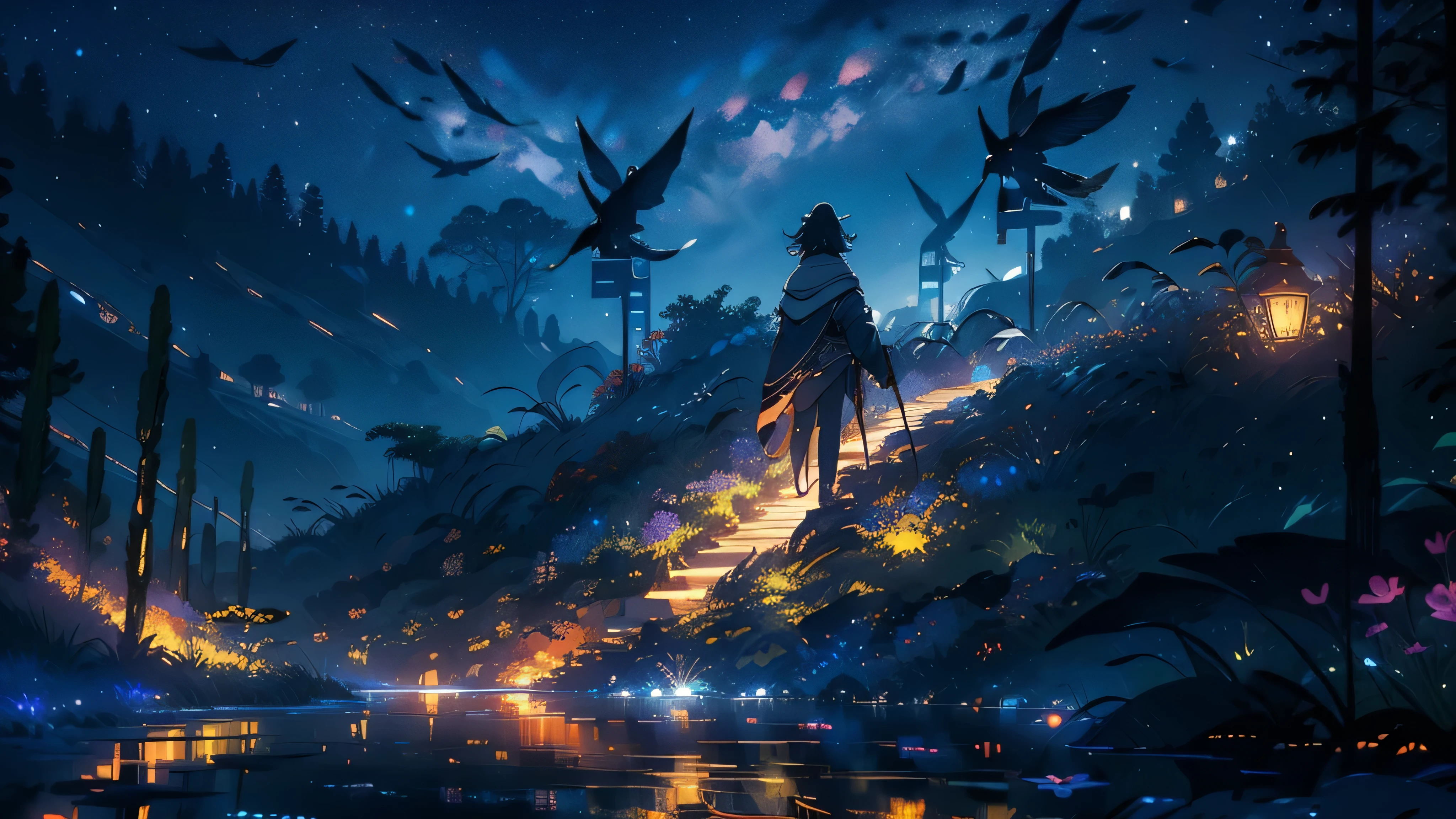 Master Parts, nice, landscape, (((no_Humanos))), night, flower, garden, Starry Sky, constellation, amazing, Overlooking, water, warm, comfortable, peaceful, meteor, Cosmic, magic, magic, details, fair, ((fire Fly))