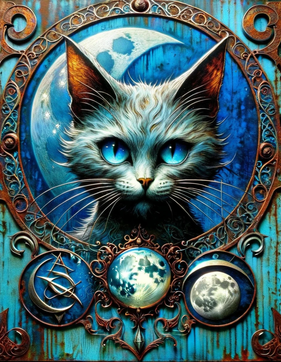 decorative rusty metal sign with a drawing of a satanic cat and a moon, artwork inspired by dave mcKean, vivid colors, intricate details, oil. blue tone