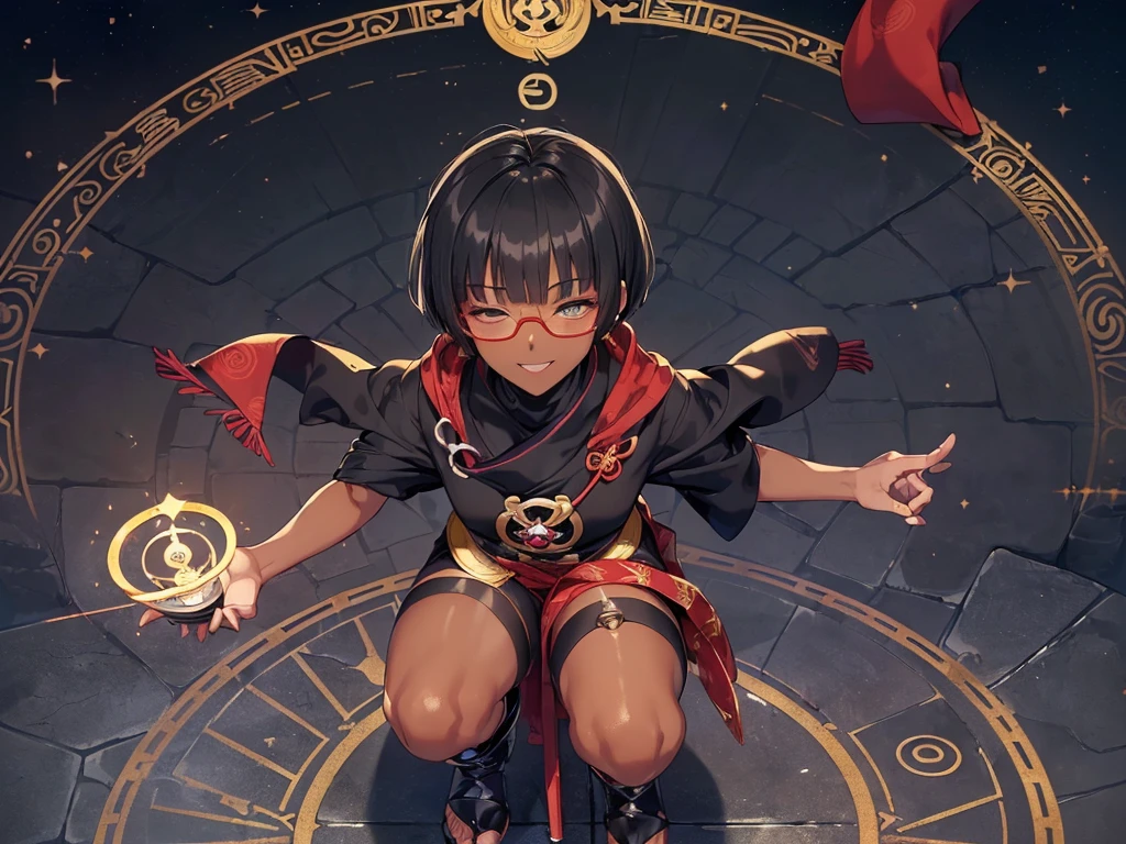 (flat chest:), (masterpiece:1.2), highest quality, High resolution, unity 8k wallpaper, (fine and beautiful eyes:1.6), highly detailed face, perfect lighting, Detailed CG, (perfect hands, perfect anatomy), (1 boy solo:1.4), 20 years old, black hair, extremely beautiful detailfeminine face and eyes, (evil smile:1.4), detailed eyes, best quality,( dark skin:1.8), (turtleneck shirt under yukata:1.2), (bike shorts:1.2), extremely detailed, very precise detailed, (glasses:1.3), blunt bangs, open mouth, (very short pixie cut:1.2), boots,fingerless gloves, smile, (half closed eyes:1.5) ,(squat in magic circle on ground:1.1) ,night sky,long sidelocks,(long red Scarf),(yukata),(squatting),(acrobat pose:1.3),(squat:1.3),(one knee dwon:1.5),(Put one foot in front:1.3),(stylish pose:1.4),(Raise only index finger:1.1),(spread arms:1.5), (1990s \(style\)),(in magic circle on ground only:1.3),(from above:1.2),(open magic scroll by both hands:1.9),(have magic scroll:1.3)