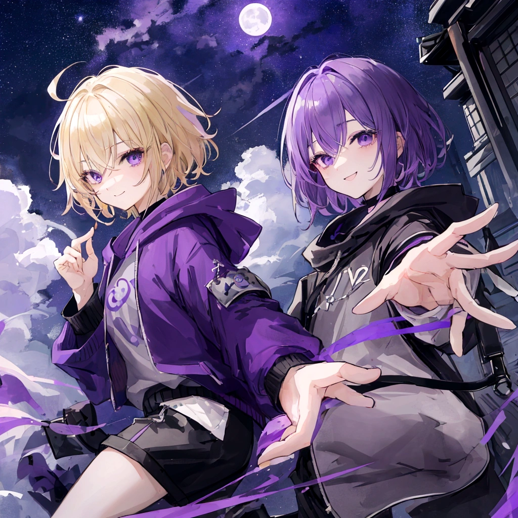 Highest quality、masterpiece、male、short hair、Purple hoodie、Black trousers、Blonde、「Green right eye and grey left eye」、Under the full moon、Purple night sky、One person、Smiling faintly、Wink