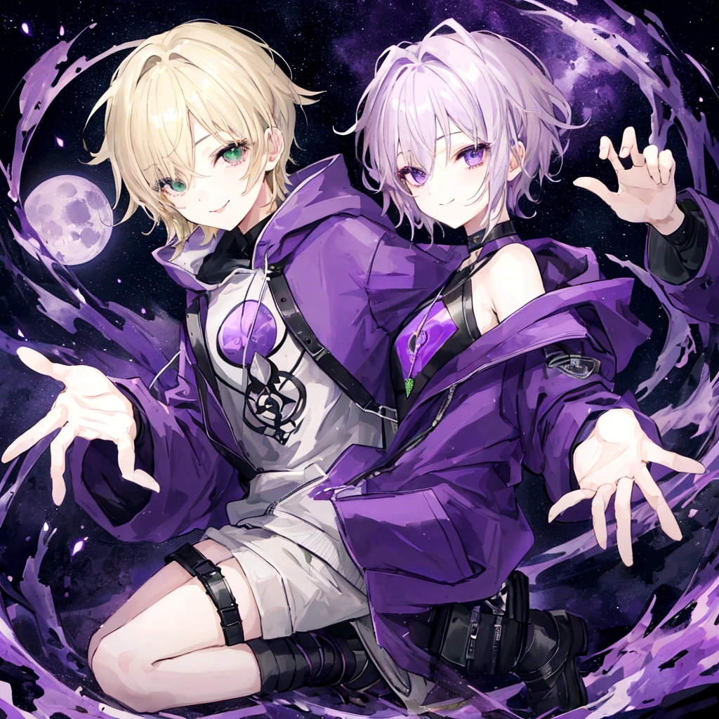 Highest quality、masterpiece、male、short hair、Purple hoodie、Black trousers、Blonde、「Green right eye and grey left eye」、Under the full moon、Purple night sky、One person、Smiling faintly、Wink