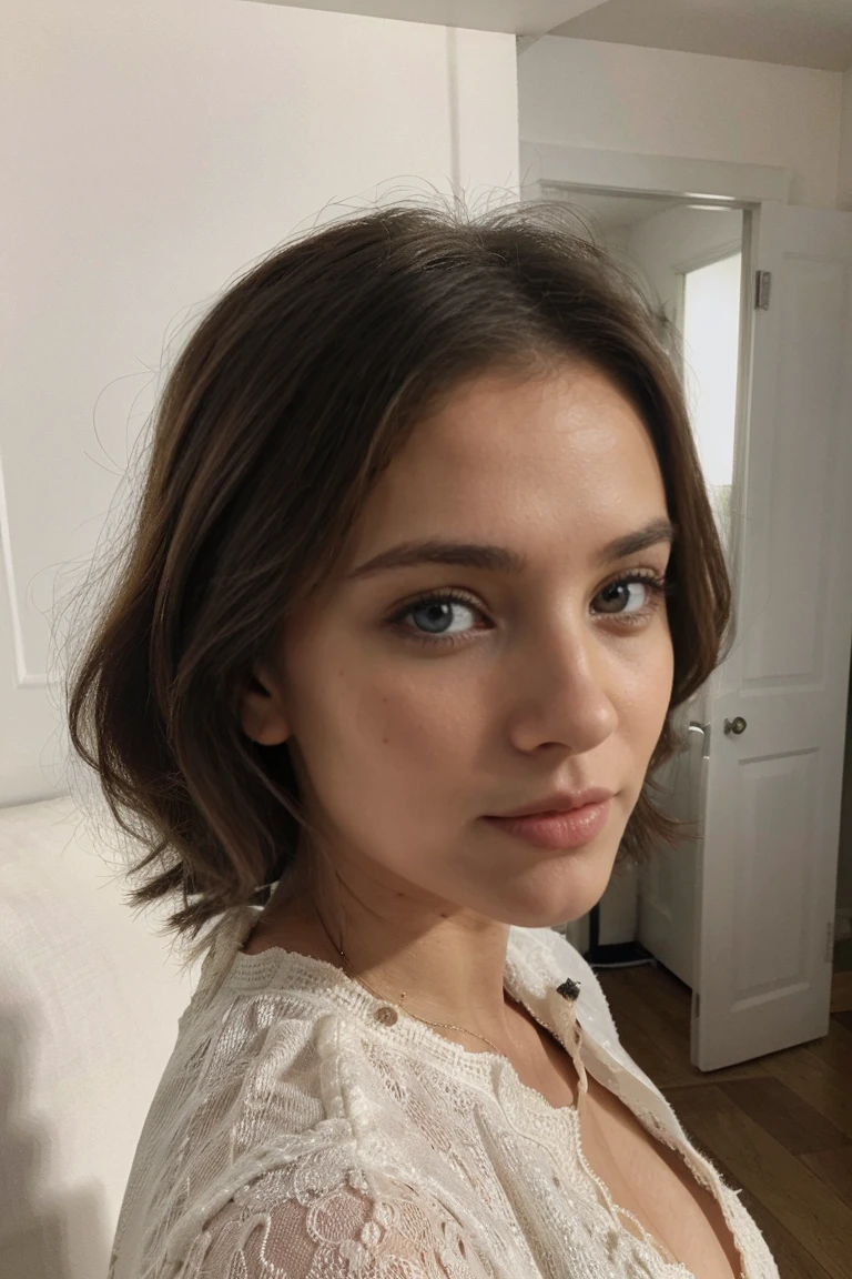 Créer un modèle réaliste d&#39;une jeune femme de 22 ans. Elle est blonde et plutôt jolie, avec de beaux traits. Elle est mince, a les yeux clairs (Des yeux très réalistes), et une mâchoire pointue. Assurez-vous que sa mâchoire n&#39;est pas de forme carrée. Elle est vêtue d&#39;une robe très élégante.

