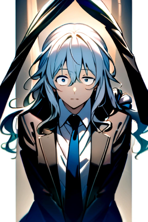 Blue Hairのmale,suitを着ている、Highest quality、8K、Droopy eyes,A soft smile、{{Down to your feet}}、Full body portrait、Long hair 、Permed hair、Gentle wavy hair、Blue Hair、male、20th Generation、adult、suit