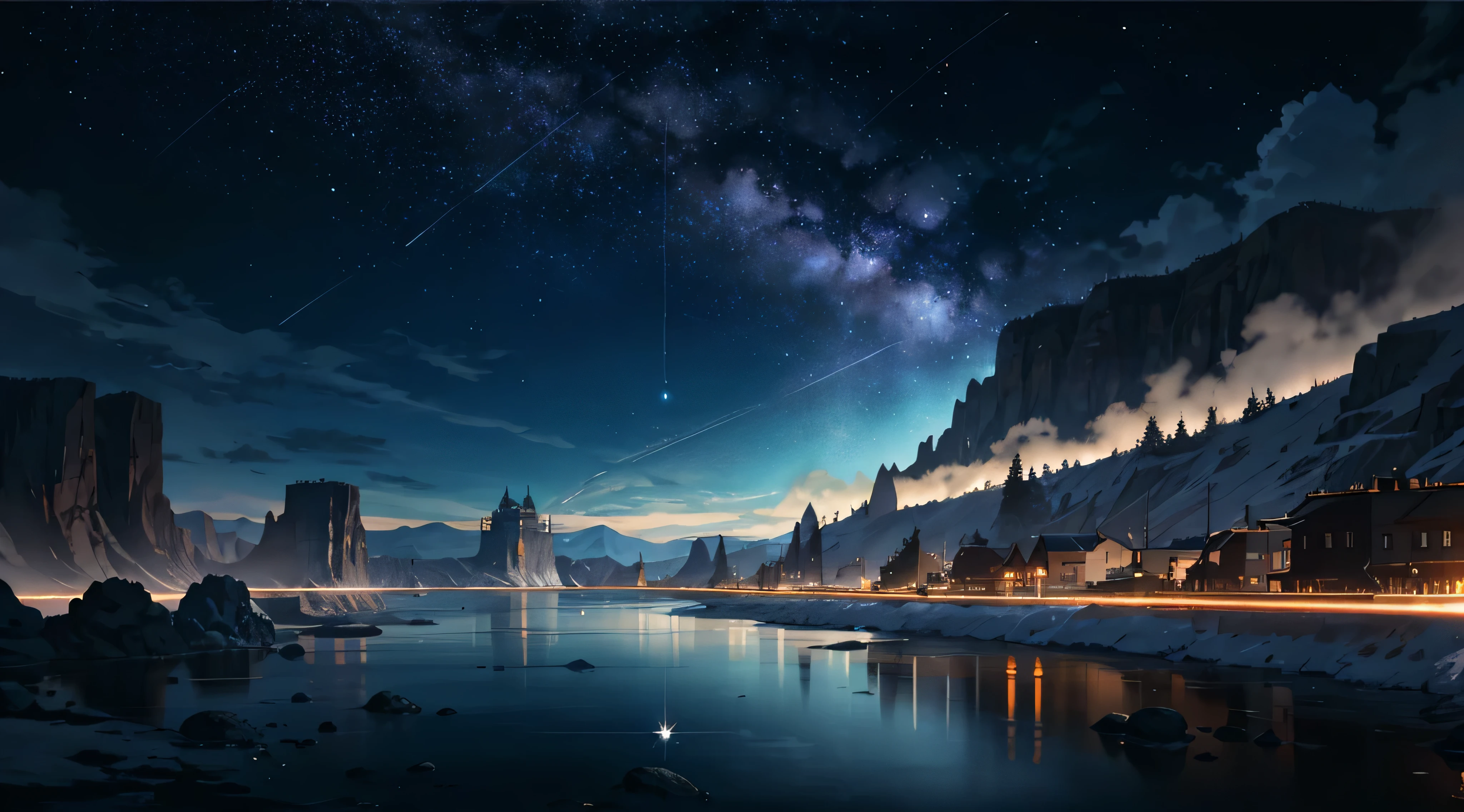 Painting of a river with stars and moon floating in the sky, Concept art inspired by Mitsuoki Tosa, pixiv Contest Winner, Highest quality, Fantasy art, Beautiful anime scene, Bright Moon, Moonlight and Starry Sky Environment, Dream painting, Anime Background Art, Fantasy Landscape Painting, Fantasy Night, Anime Background, Background artwork, Great art, Atmospheric anime, Starry Sky, Detail enhancements.