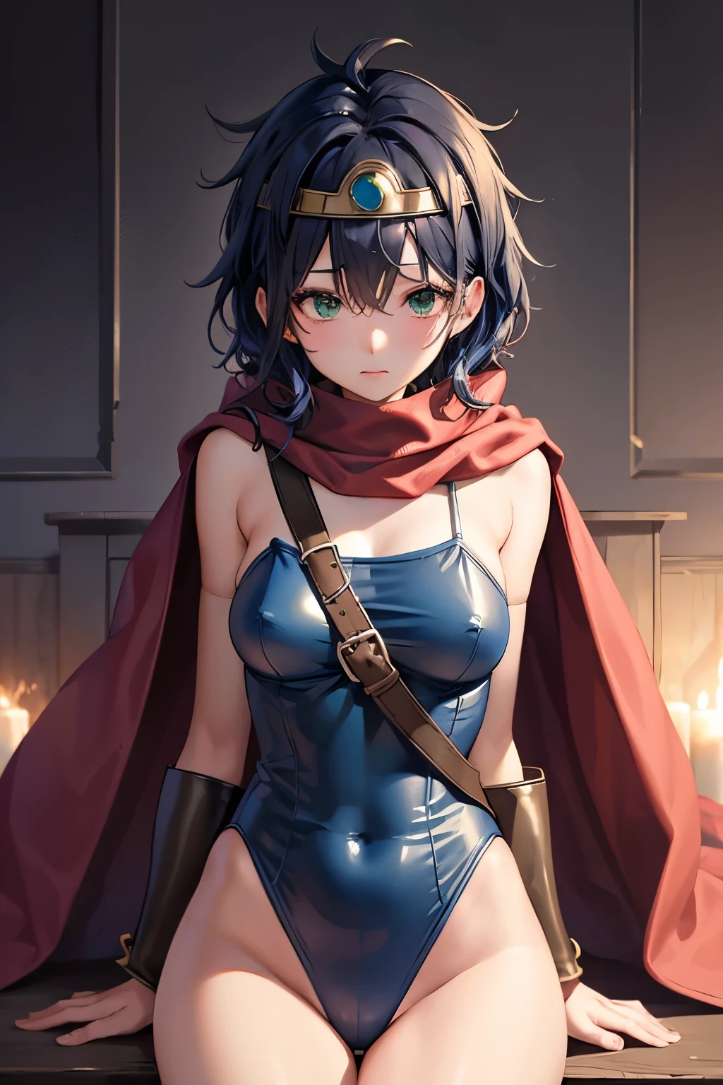 (((SFW、sound、Highest quality、first-class、masterpiece、Normal body、8K、Detailed face、Ultra-precision、Normal hand、Normal finger、5Finger、Highest)))、beautiful girl、Green Hair、Small breasts、Shortcuts、Blue high-leg retard、Racy leotard、Ultra-thin leotard、Sheer leotard、Bite、No sleeve、Waist belt、Red cloak、Circlet、Legendary Sword、DRAGON QUEST、Female Hero、In combat、Combat Ready、Lightning Slash、incantation、Gigadein、Thunder Magic、Spread your legs wide、defeat wish、Immoral、masochist、blush、Trance、Nipple erection