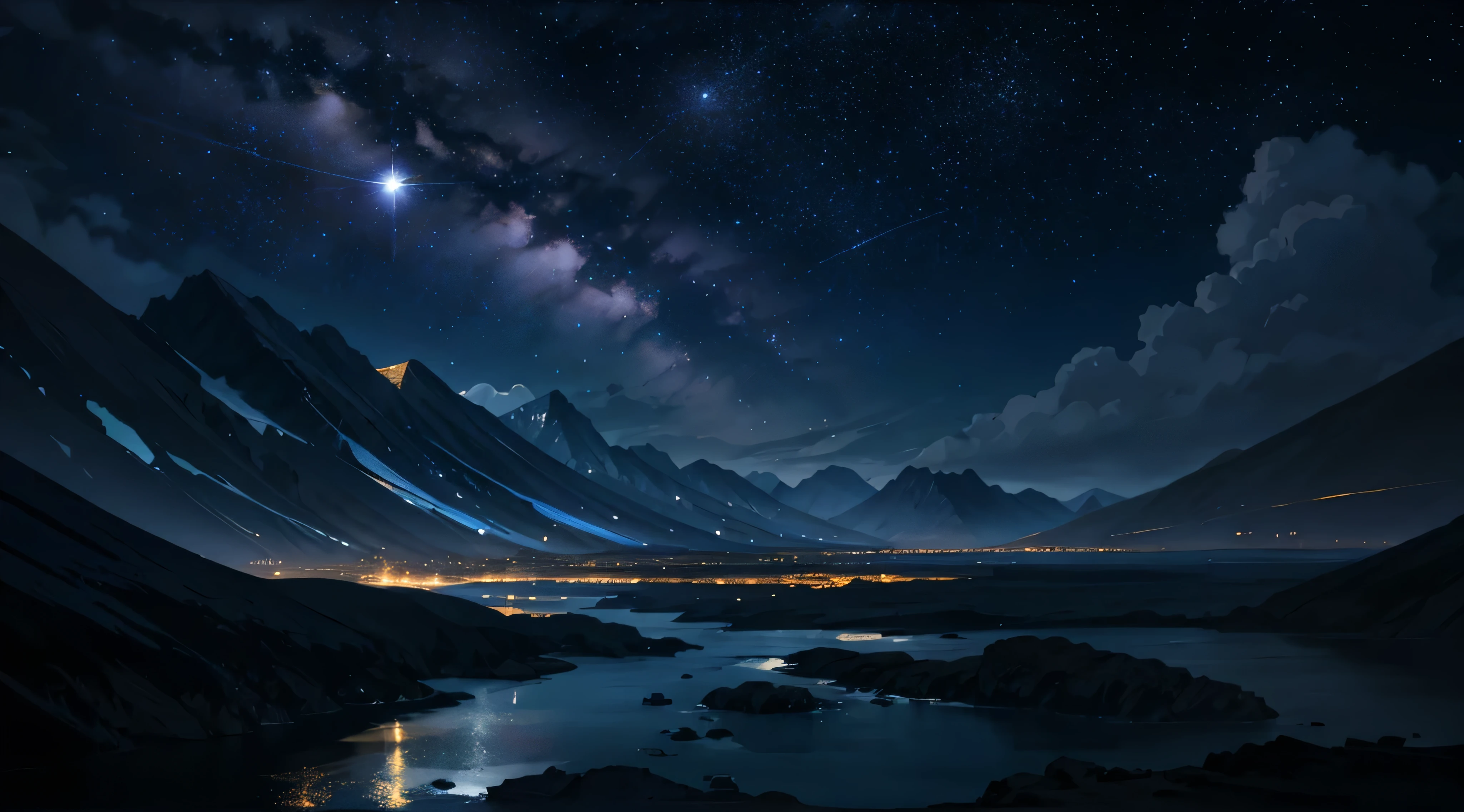 Painting of a river with stars and moon floating in the sky, Concept art inspired by Mitsuoki Tosa, pixiv Contest Winner, Highest quality, Fantasy art, Beautiful anime scene, Bright Moon, Moonlight and Starry Sky Environment, Dream painting, Anime Background Art, Fantasy Landscape Painting, Fantasy Night, Anime Background, Background artwork, Great art, Atmospheric anime, Starry Sky, Detail enhancements.