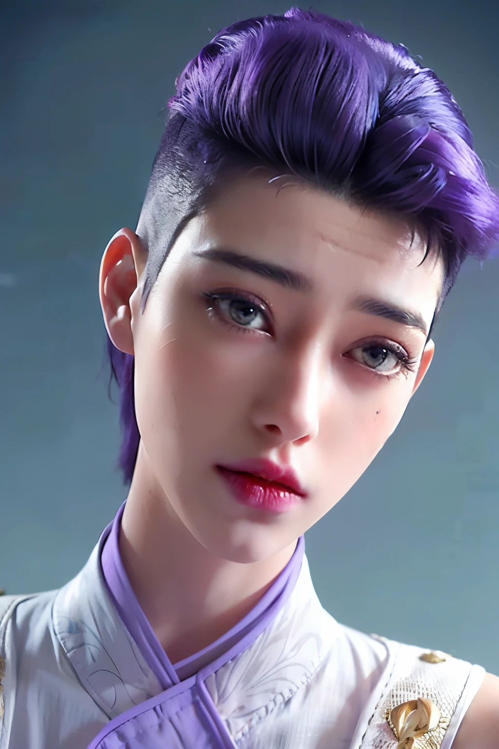 (hi-top fade:1.3), length purple hair, close up 