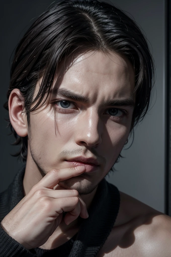 a monstrous male face, dark and mysterious making the silence sign, with your finger on your closed lips, as if he was asking for a secret about something