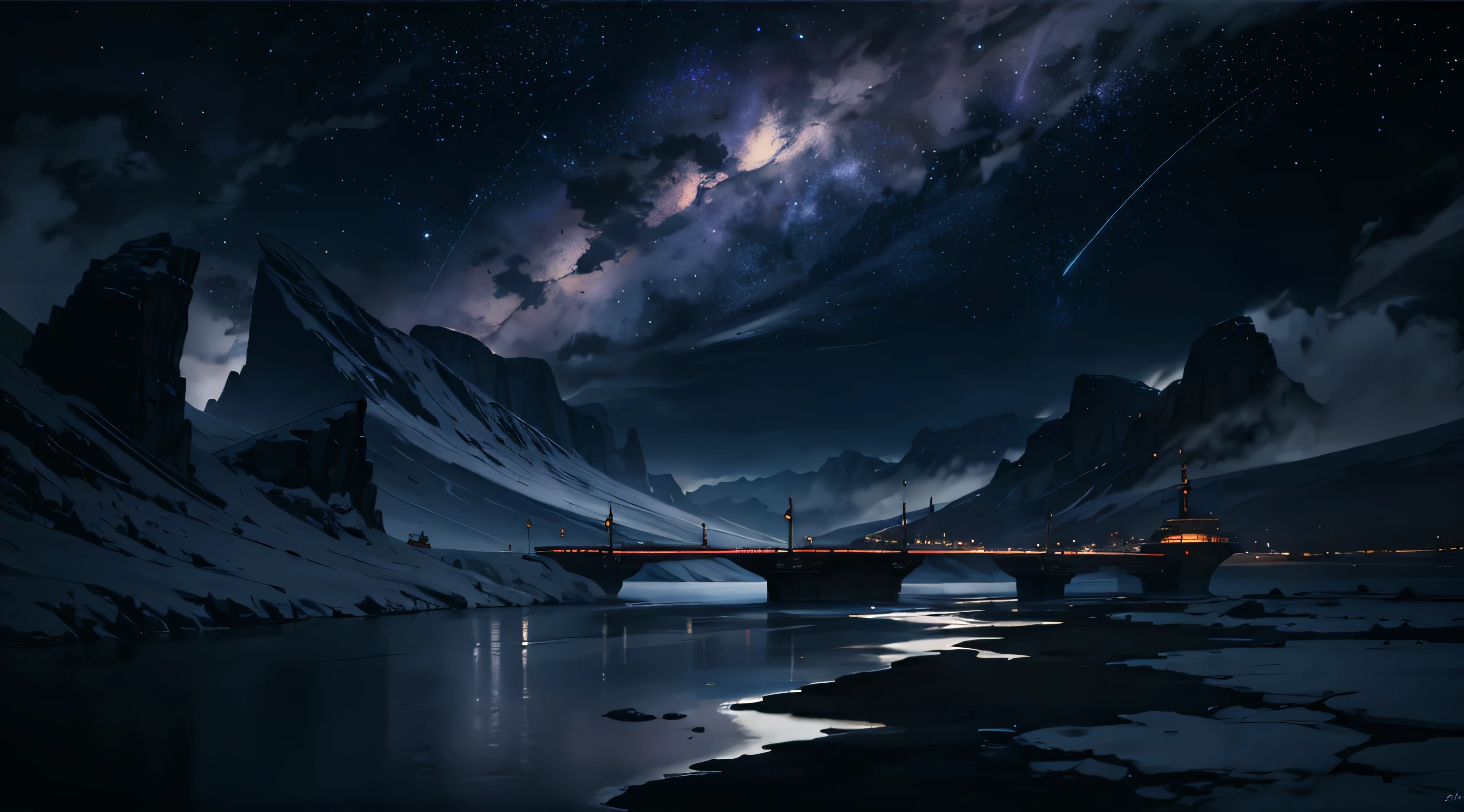 Painting of a river with stars and moon floating in the sky, Concept art inspired by Mitsuoki Tosa, pixiv Contest Winner, Highest quality, Fantasy art, Beautiful anime scene, Bright Moon, Moonlight and Starry Sky Environment, Dream painting, Anime Background Art, Fantasy Landscape Painting, Fantasy Night, Anime Background, Background artwork, Great art, Atmospheric anime, Starry Sky, Detail enhancements.