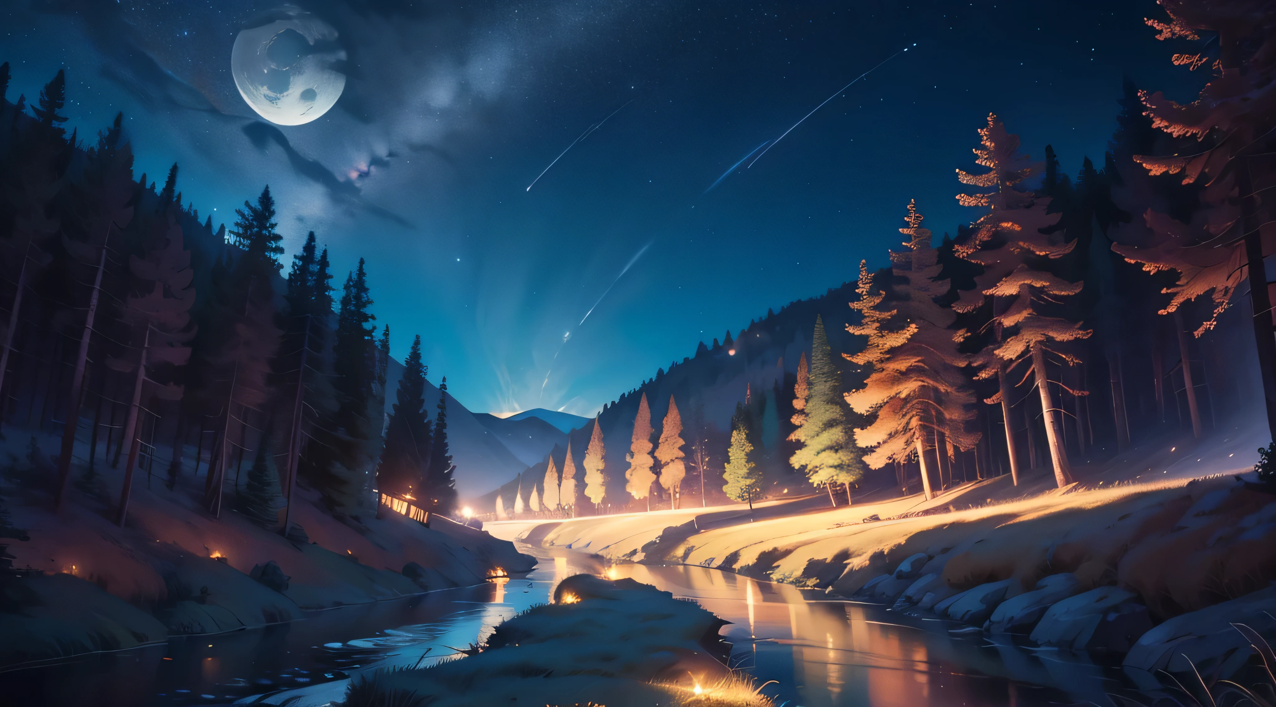 Creates a beautiful picture of a winding river on a starry night, Capture the beauty of the moonlit sky, A bright moon and stars twinkle in the background.