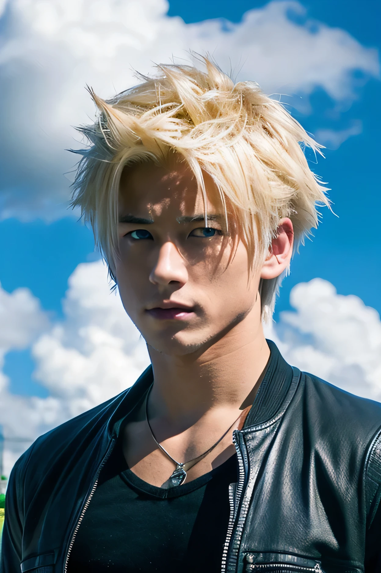 Cloud Strife, asian young man, spiky blonde haired, blue eyes, no bread