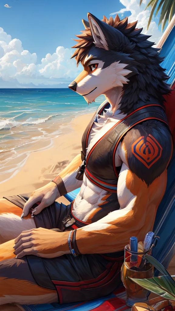 (Best quality: 1.0), (Super High Resolution: 1.0), (masterpiece, best quality:1.2), detailed, detailed hands, detailed eyes, score_9, score_8_up, score_7_up, furry, anthro, (look at view), beach, wolf sit on the beach with 
