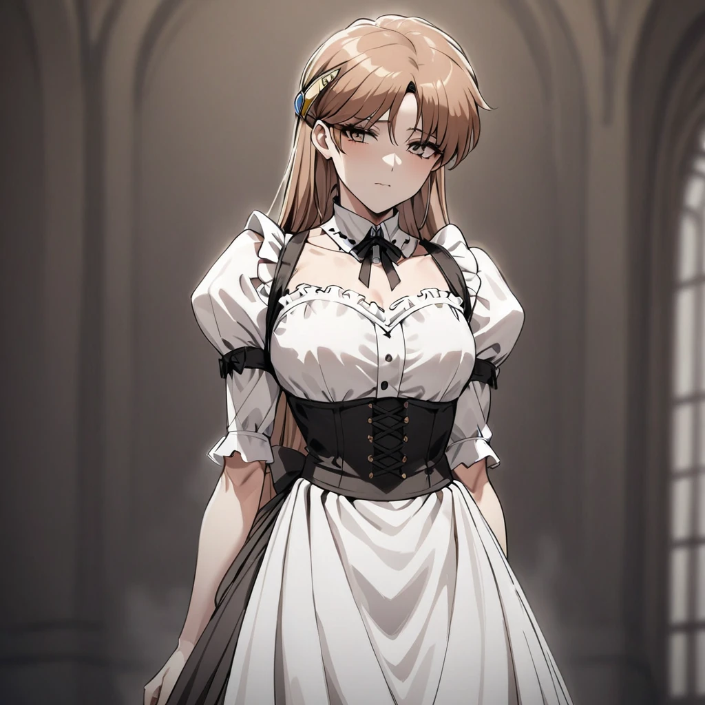 ((Highest quality)), ((masterpiece)), (detailed), (Perfect Face)、The woman is Princess Leona, with medium-long light brown hair, wearing a Victorian maid outfit and standing upright with good posture.、The woman has been completely brainwashed and has become expressionless and no highlights in her eyes.