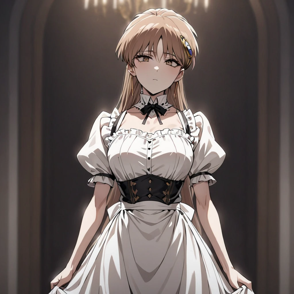 ((Highest quality)), ((masterpiece)), (detailed), （Perfect Face）、The woman is Princess Leona, with medium-long light brown hair, wearing a Victorian maid outfit and standing upright with good posture.、The woman has been completely brainwashed and has become expressionless and no highlights in her eyes.