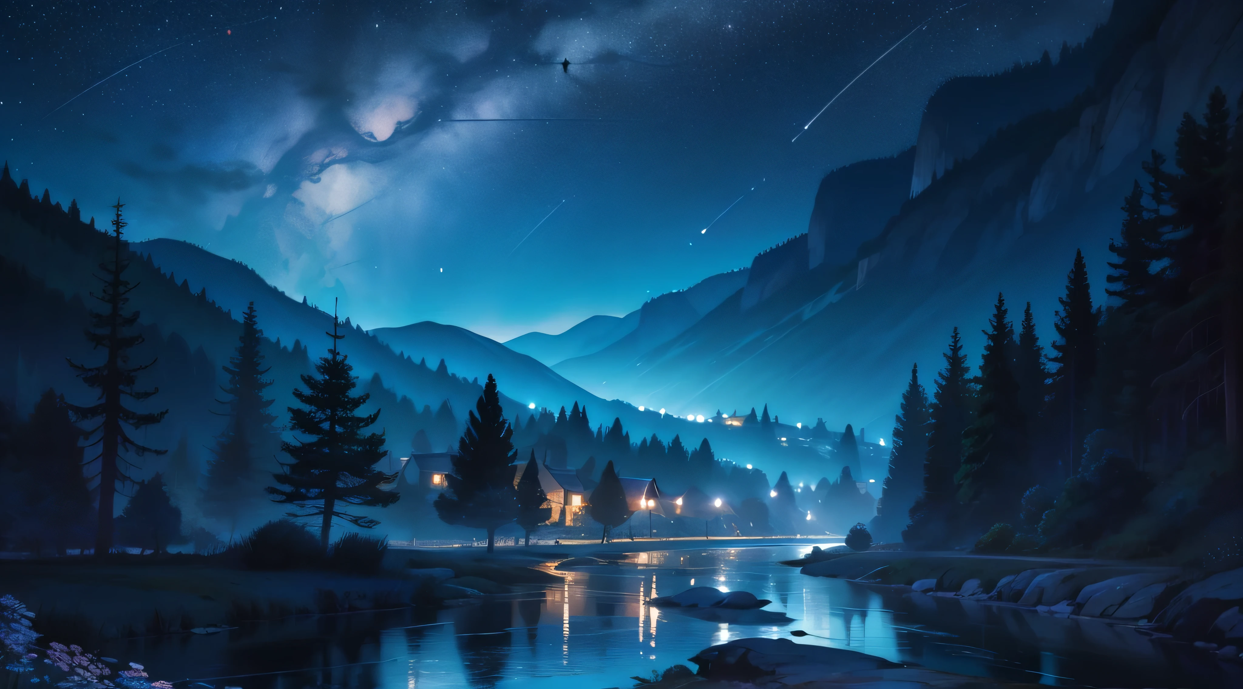 Creates a beautiful picture of a winding river on a starry night, Capture the beauty of the moonlit sky, A bright moon and stars twinkle in the background.