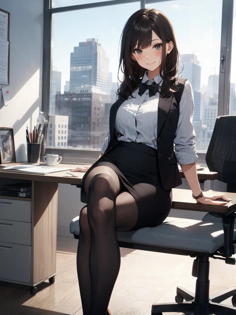 1lady sitting (crossed legs), office worker (stylish outfit), (gray vest) (pencil skirt), mature female, /(dark brown hair/) bangs, blush kind smile, (masterpiece best quality:1.2) delicate illustration ultra-detailed, large breasts, pantyhose BREAK (modern office indoors), window cityscape, detailed background