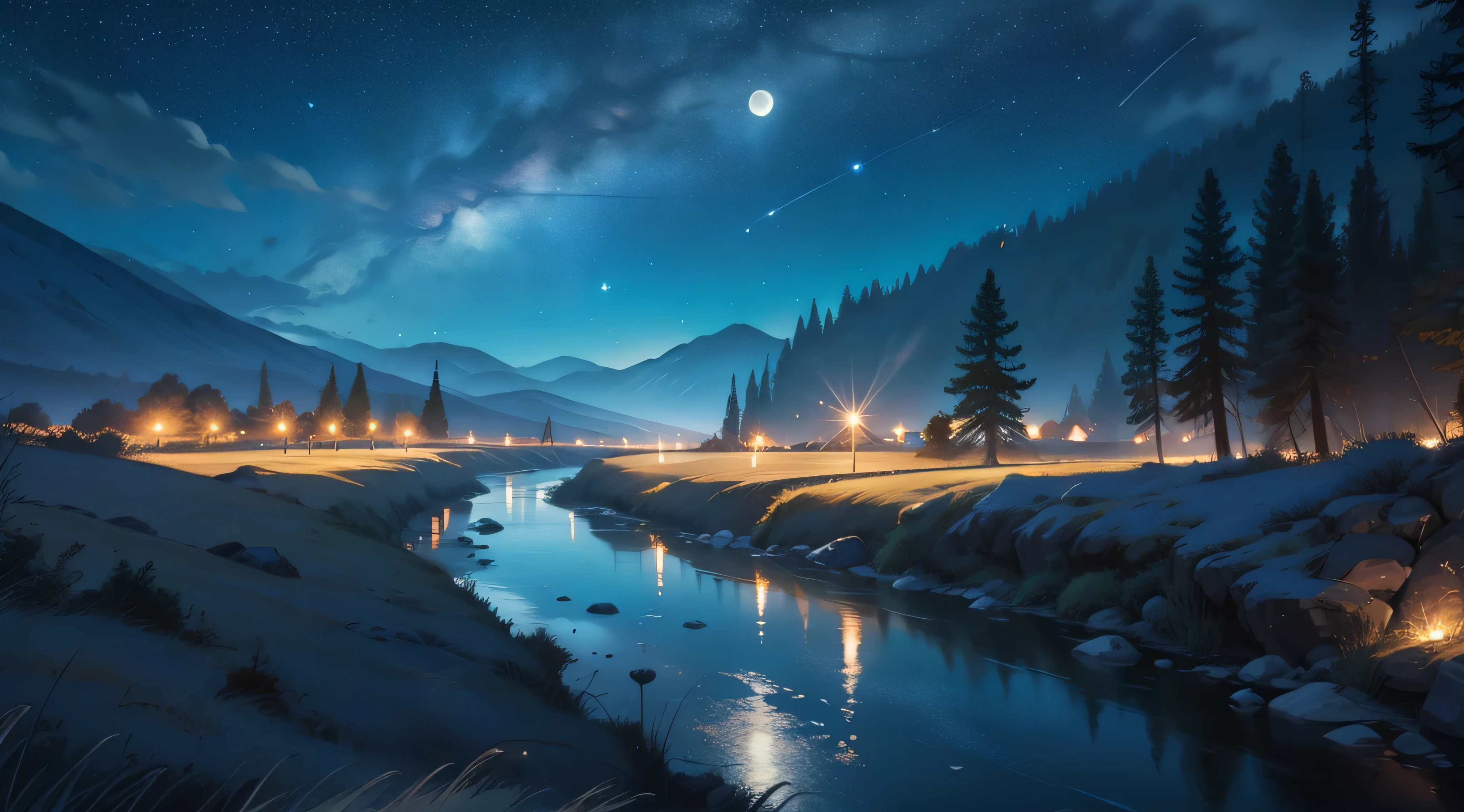 Creates a beautiful picture of a winding river on a starry night, Capture the beauty of the moonlit sky, A bright moon and stars twinkle in the background.