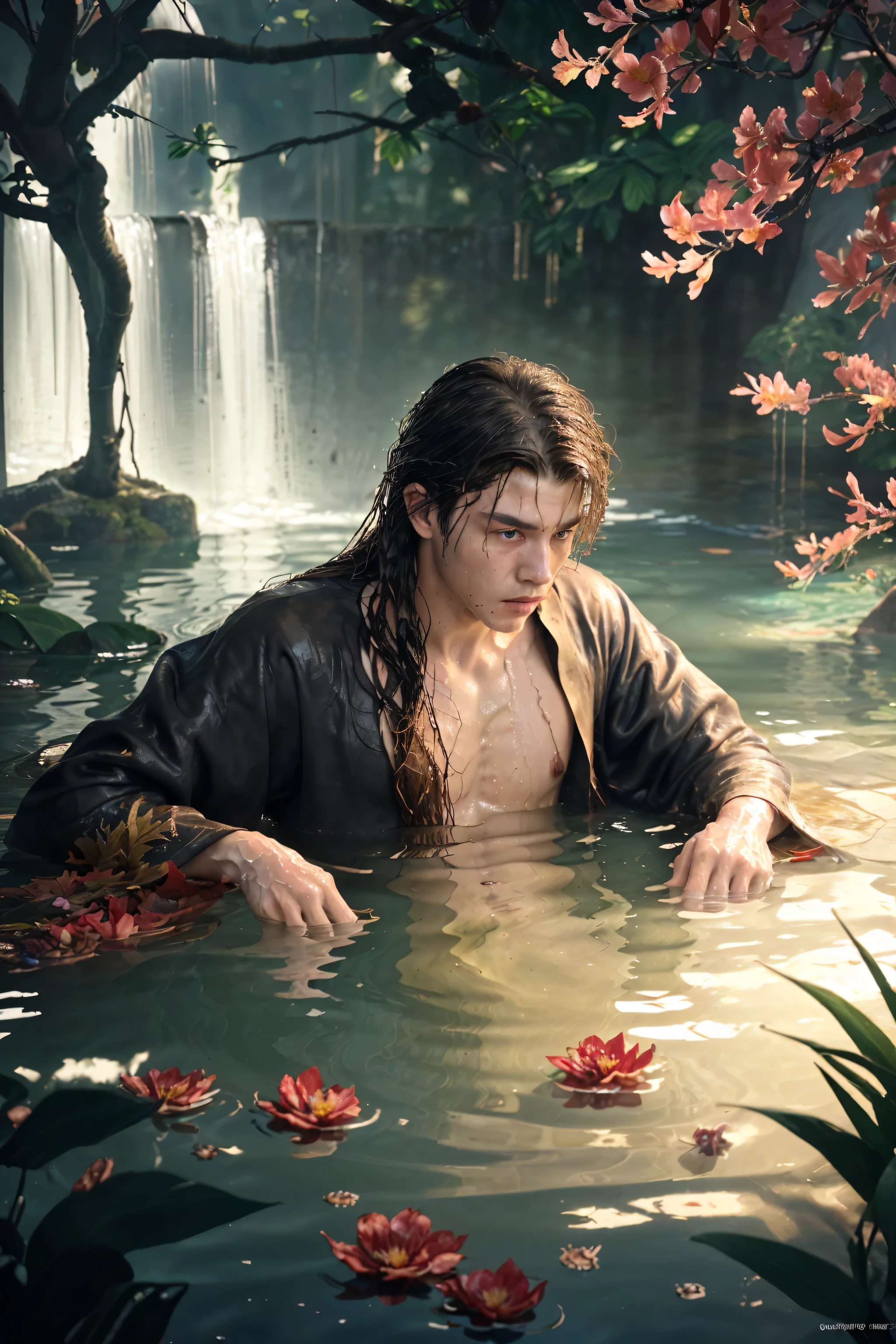 1 boy, Young male, Detailed eyes and face, Perfect male body, Eyes looking at camera, (Long hair, Half of the body is submerged in water, Topless, Take a bath, wet hair and body),Chinese clothing, Chinese scenery, outdoor, Flowers and trees, Fall, portrait, Chromatic Aberration, Depth of Field, Dramatic shadows, Ray Tracing, best quality, light, Extremely detailed CG, 8k wallpaper,