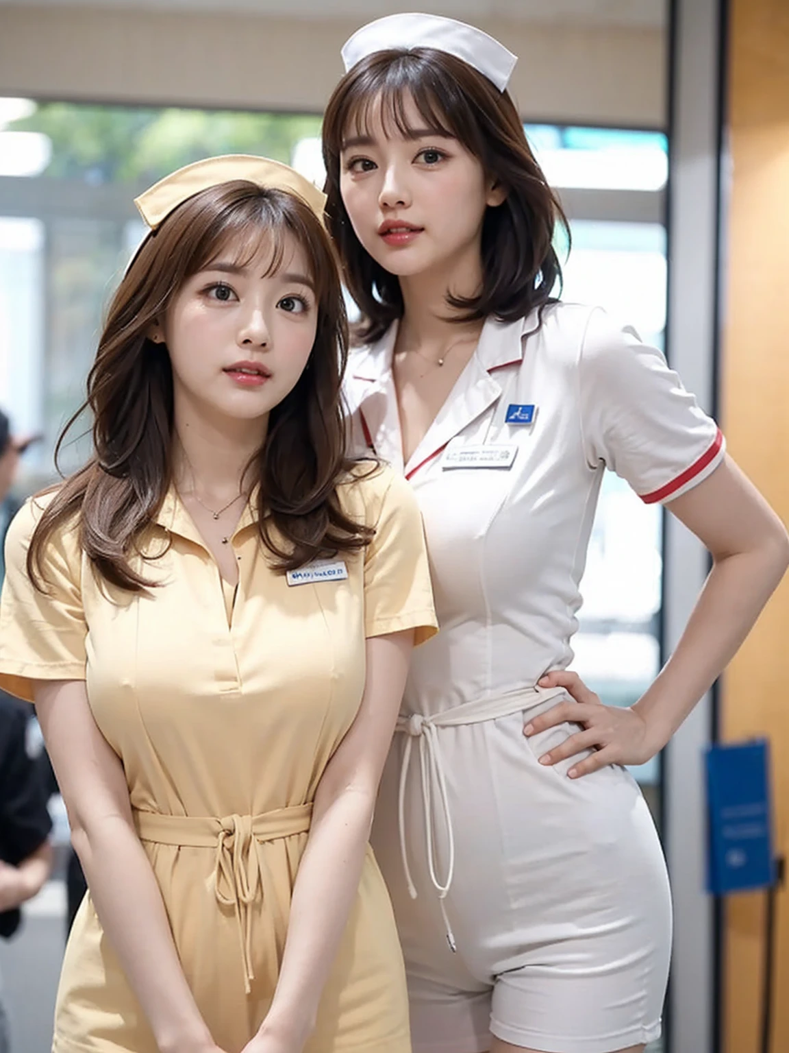 (ultimate beautiful wife)、、Ultra-detailed face、Detailed lips、(Big eyes:1.4)、double eyelid、Brunette long hair、With bangs、(Shy expression)、(White teeth)、(lips are parted)、((Wearing a nurse's uniform:1.4))、((Large Breasts))、((Wide pelvis))、Thighs, thighs, thighs、(Cowboy Shot:1.3)、Perfect fit、Depth of written boundary、Perfect Image Realism、background:(subway))、細心の注意を払ったbackground、Detailed costume、 Perfect lighting、Hyperrealism、Photorealism、Maximum resolution 8K、(masterpiece)、Very detailed、professional