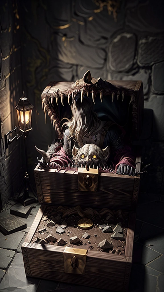 Create a highly detailed and terrifying image of a Mimic chest monster. The Mimic should resemble a traditional treasure chest at first glance, with ornate woodwork and metal reinforcements. However, the chest should be partially open, revealing sharp, menacing teeth lining the inside of the lid. The lid should be split into a monstrous mouth, with a long, slimy tongue lashing out. The eyes of the Mimic should be glowing ominously, either embedded in the wood or appearing on the lid, giving it a menacing, predatory look.
The setting should be a dimly lit dungeon with cobblestone floors and walls. Scatter gold coins, jewels, and other treasures around the Mimic to emphasize the trap. Add eerie lighting and shadows to enhance the creepy and dangerous atmosphere. Ensure there are no humans or human-like figures in the image. The overall scene should evoke a sense of dread and caution, capturing the essence of a Mimic ready to strike at unsuspecting adventurers.