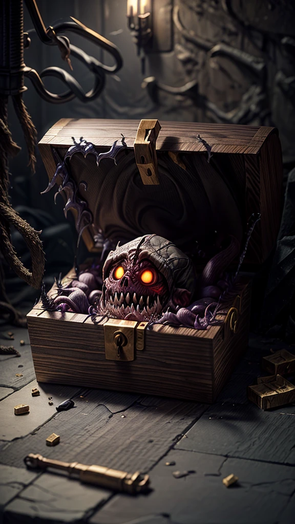 Create a highly detailed and terrifying image of a Mimic chest monster. The Mimic should resemble a traditional treasure chest at first glance, with ornate woodwork and metal reinforcements. However, the chest should be partially open, revealing sharp, menacing teeth lining the inside of the lid. The lid should be split into a monstrous mouth, with a long, slimy tongue lashing out. The eyes of the Mimic should be glowing ominously, either embedded in the wood or appearing on the lid, giving it a menacing, predatory look.
The setting should be a dimly lit dungeon with cobblestone floors and walls. Scatter gold coins, jewels, and other treasures around the Mimic to emphasize the trap. Add eerie lighting and shadows to enhance the creepy and dangerous atmosphere. Ensure there are no humans or human-like figures in the image. The overall scene should evoke a sense of dread and caution, capturing the essence of a Mimic ready to strike at unsuspecting adventurers.