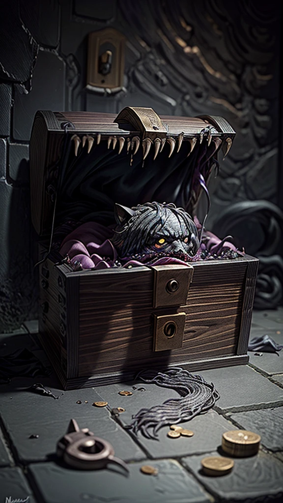 Create a highly detailed and terrifying image of a Mimic chest monster. The Mimic should resemble a traditional treasure chest at first glance, with ornate woodwork and metal reinforcements. However, the chest should be partially open, revealing sharp, menacing teeth lining the inside of the lid. The lid should be split into a monstrous mouth, with a long, slimy tongue lashing out. The eyes of the Mimic should be glowing ominously, either embedded in the wood or appearing on the lid, giving it a menacing, predatory look.
The setting should be a dimly lit dungeon with cobblestone floors and walls. Scatter gold coins, jewels, and other treasures around the Mimic to emphasize the trap. Add eerie lighting and shadows to enhance the creepy and dangerous atmosphere. Ensure there are no humans or human-like figures in the image. The overall scene should evoke a sense of dread and caution, capturing the essence of a Mimic ready to strike at unsuspecting adventurers.